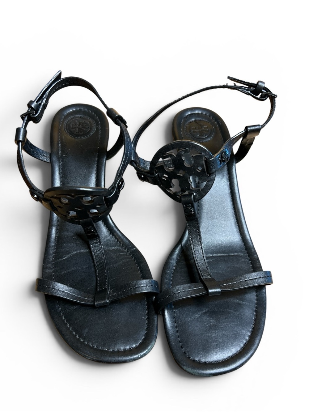 Tory Burch Black Leather Logo T-Strap Wedge Sandals - Picture 3 of 6